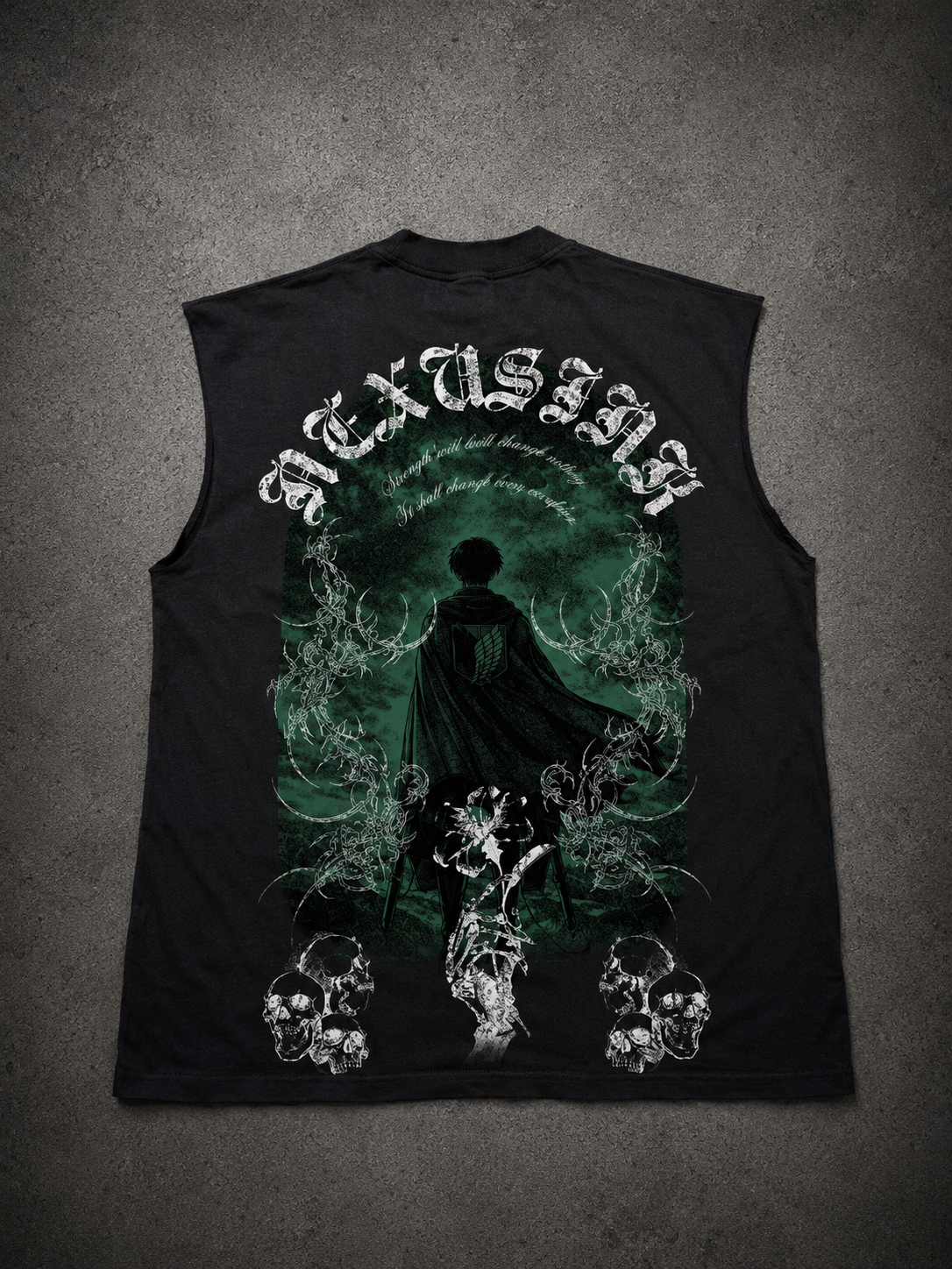 HUMANITY'S STRONGEST SOLDIER BLACK DISTRESSED TEE