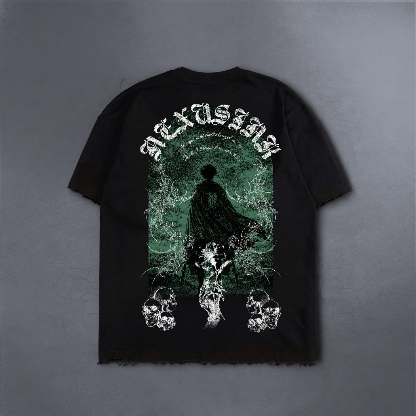 HUMANITY'S STRONGEST SOLDIER BLACK DISTRESSED TEE